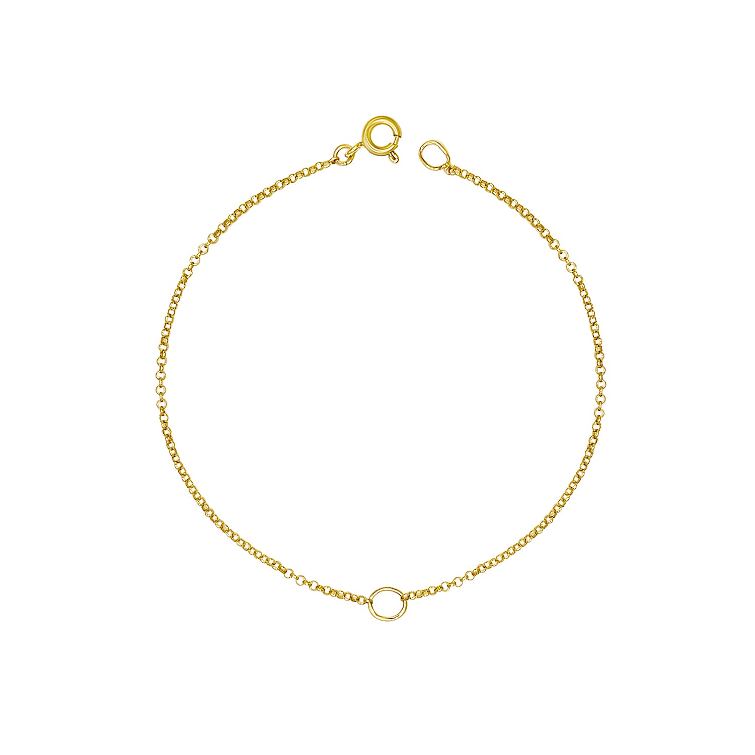 A gold bracelet with a small circle detail, displayed against a white background.