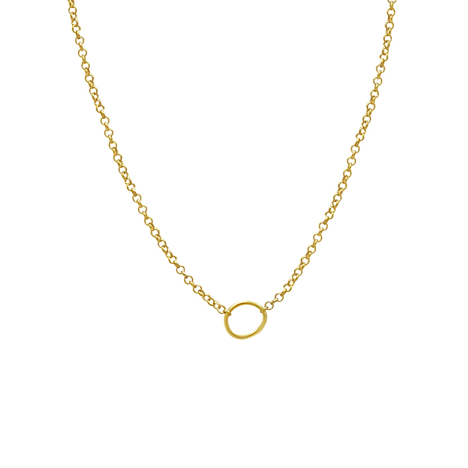 A simple gold necklace with a small circular pendant, displayed against a white background.