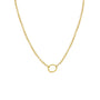 A simple gold necklace with a small circular pendant, displayed against a white background.
