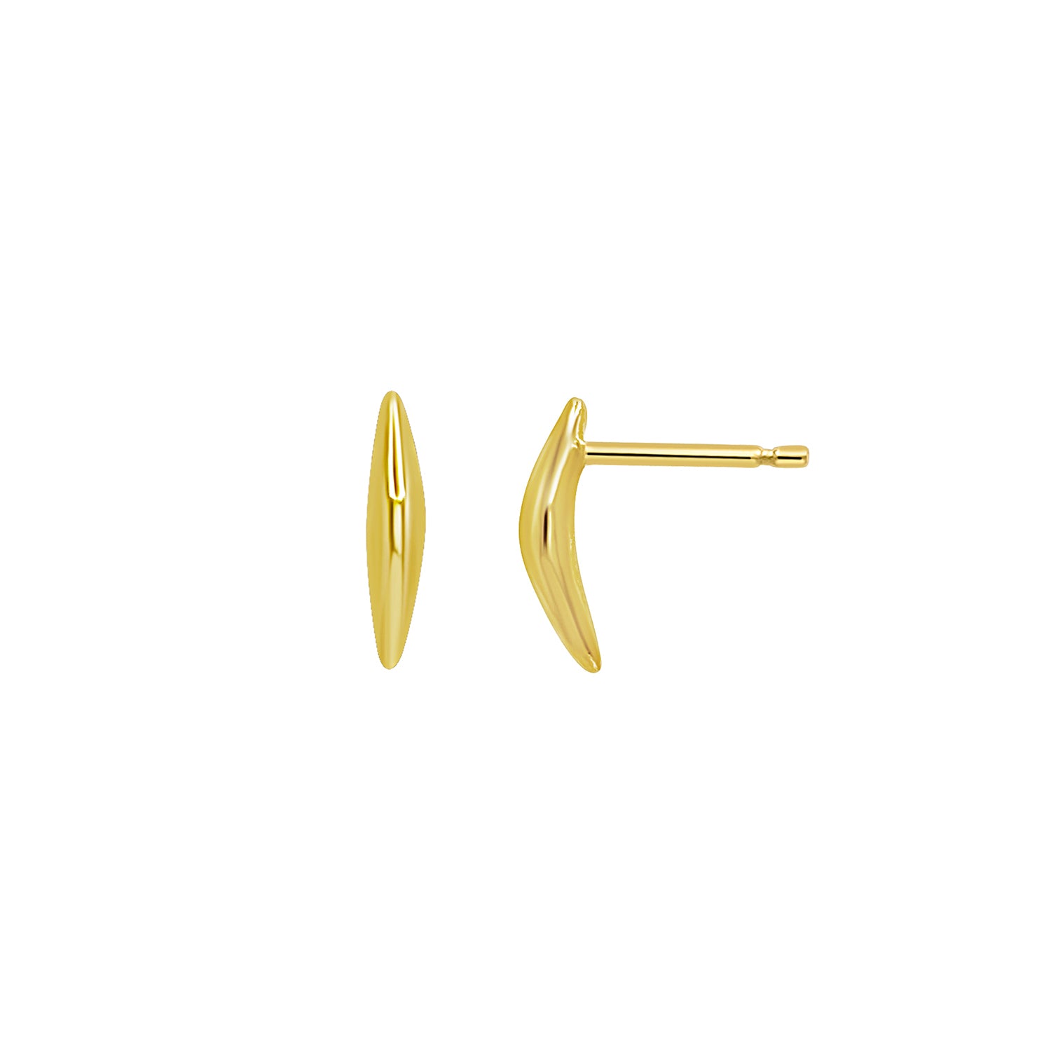 A pair of gold stud earrings with a curved design, presented against a white background.