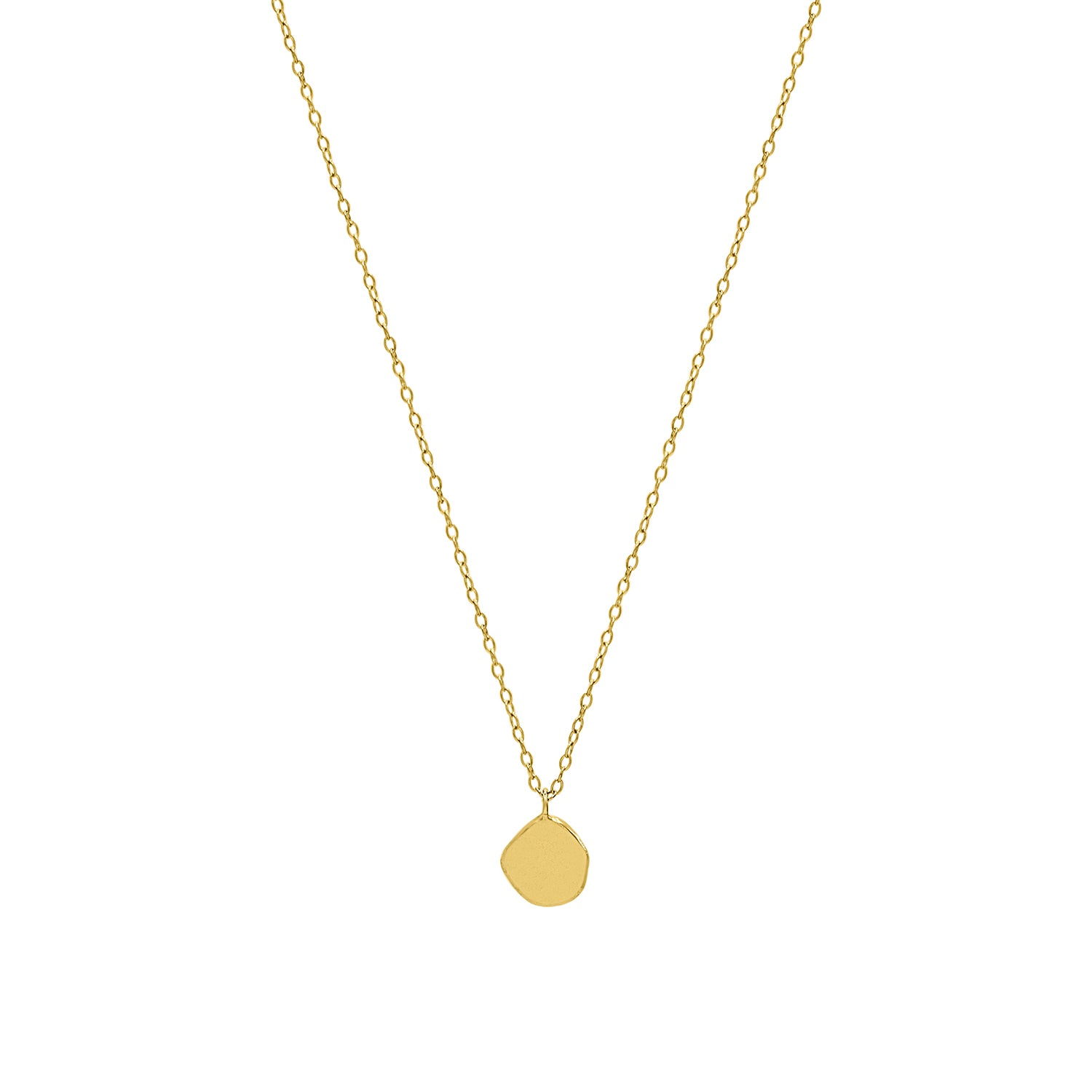 A gold pendant necklace with a small, flat, circular pendant on a delicate chain.