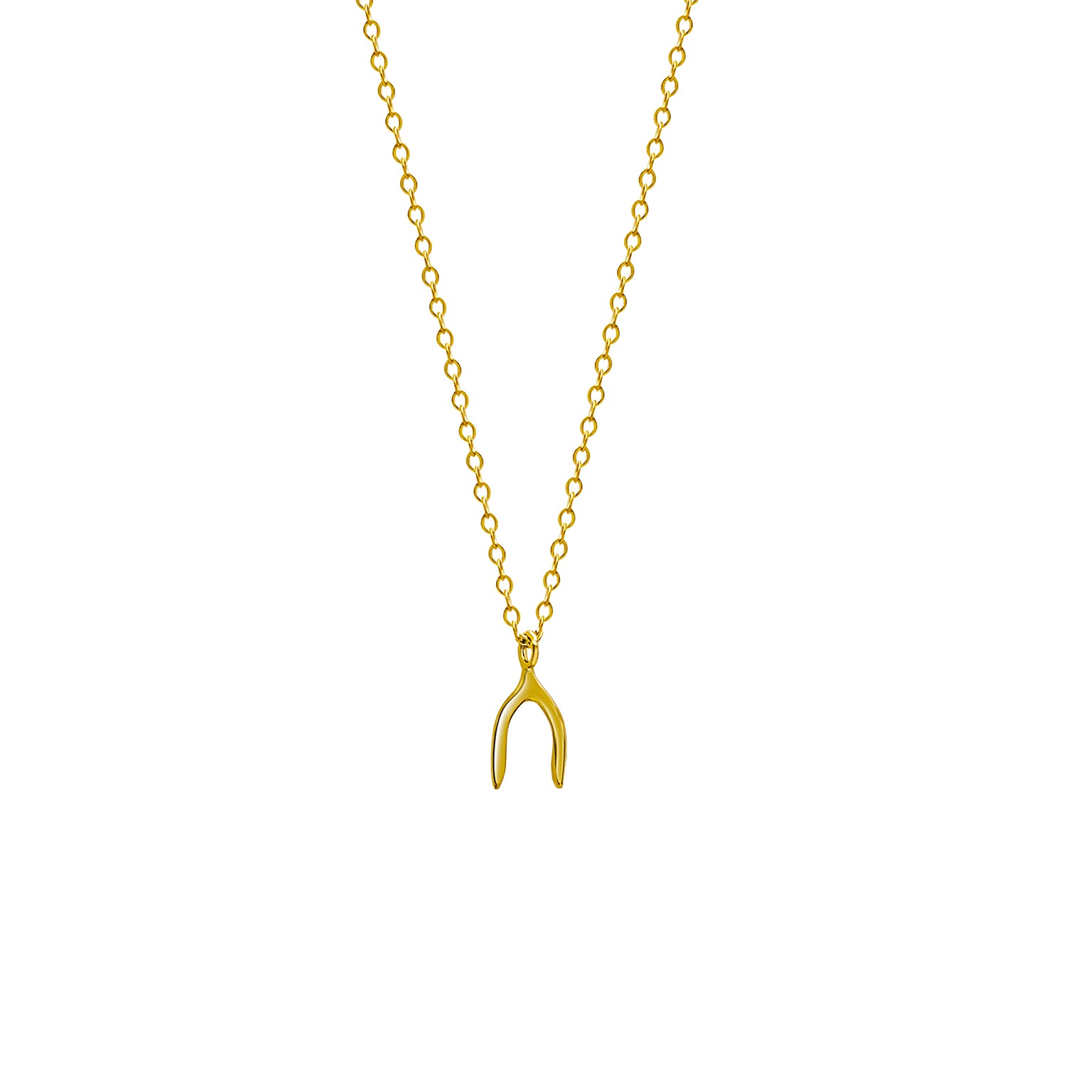 A gold wishbone pendant necklace on a gold chain, presented against a white background.