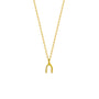 A gold wishbone pendant necklace on a gold chain, presented against a white background.