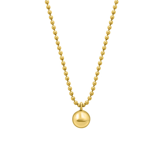 Gold beaded necklace with a large gold pendant on a white background