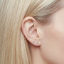 Close-up of an ear wearing a 9ct gold and silver shard earring with blonde hair.