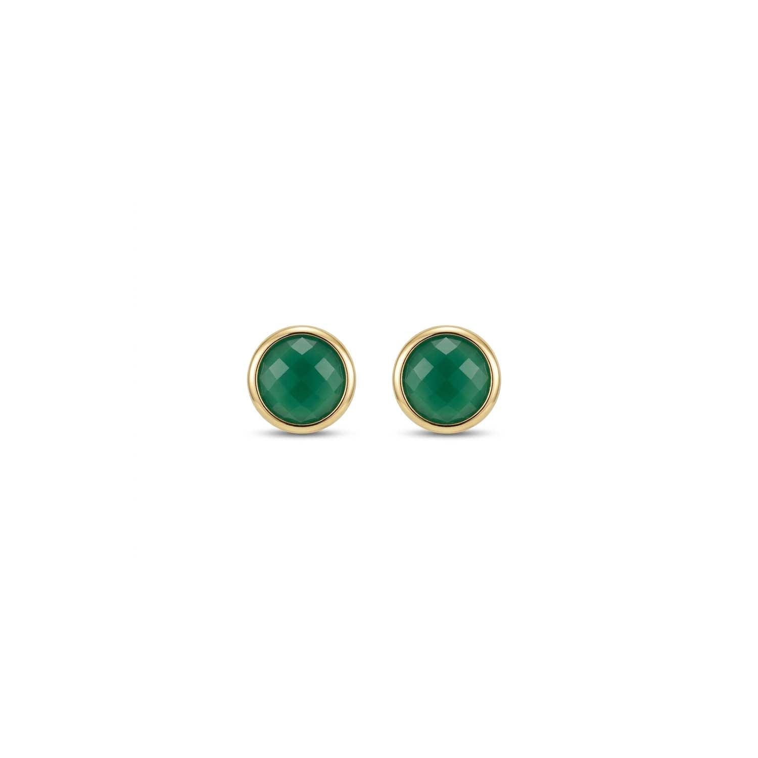 Agate green gemstone studs with gold bezel setting against white background