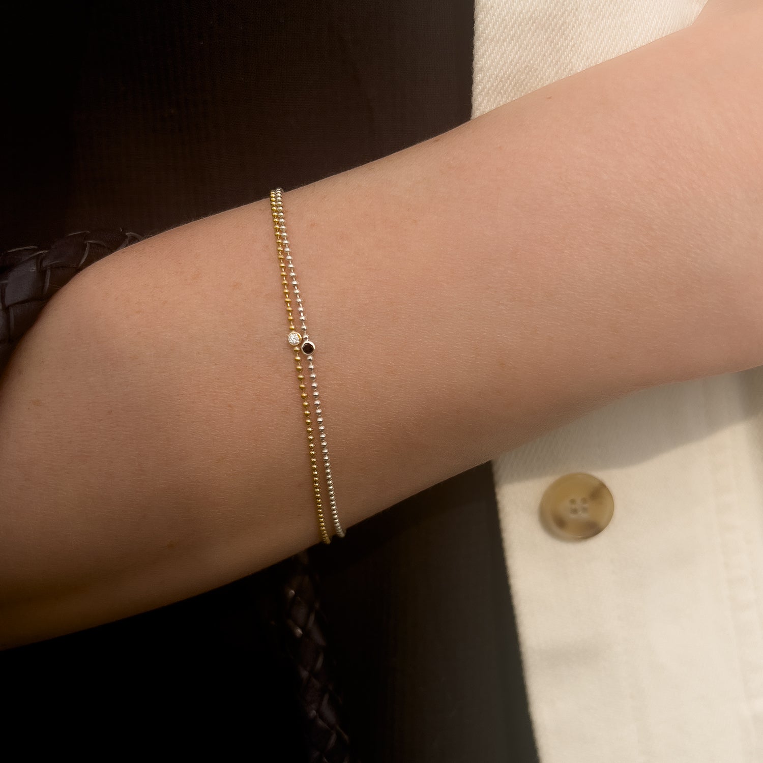 Delicate 18k gold vermeil and sterling silver ball chain bracelets with micro white and black lab diamonds