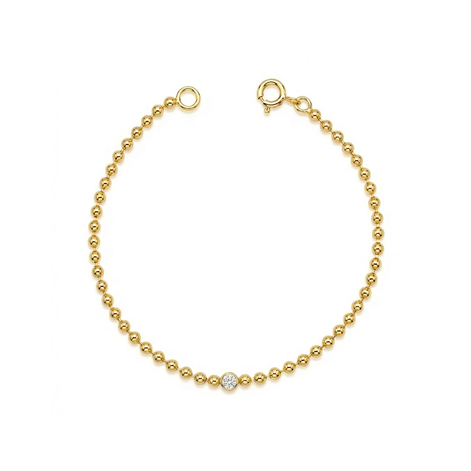 Gold bracelet with a single diamond on a white background