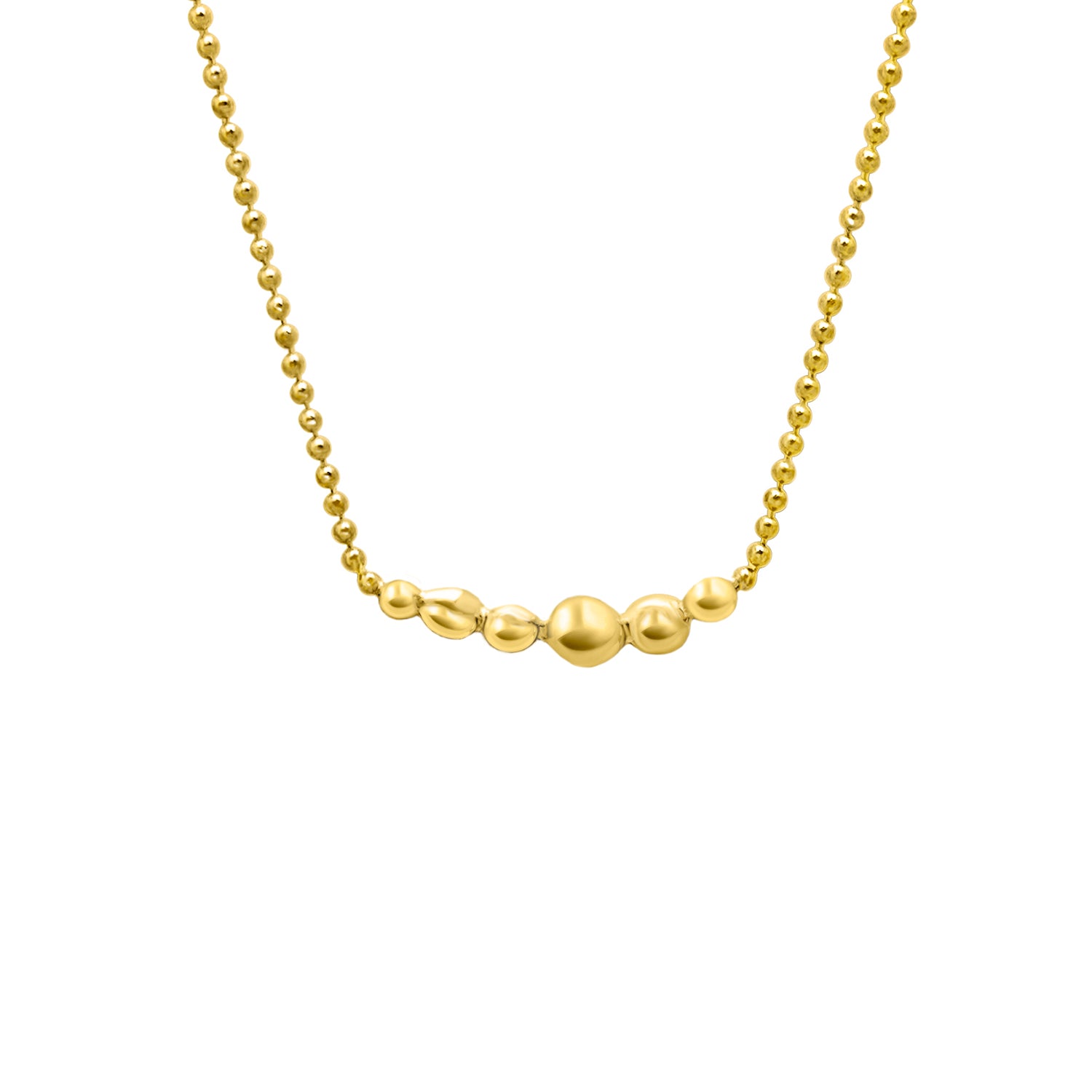 Gold necklace with spherical beads on a white background