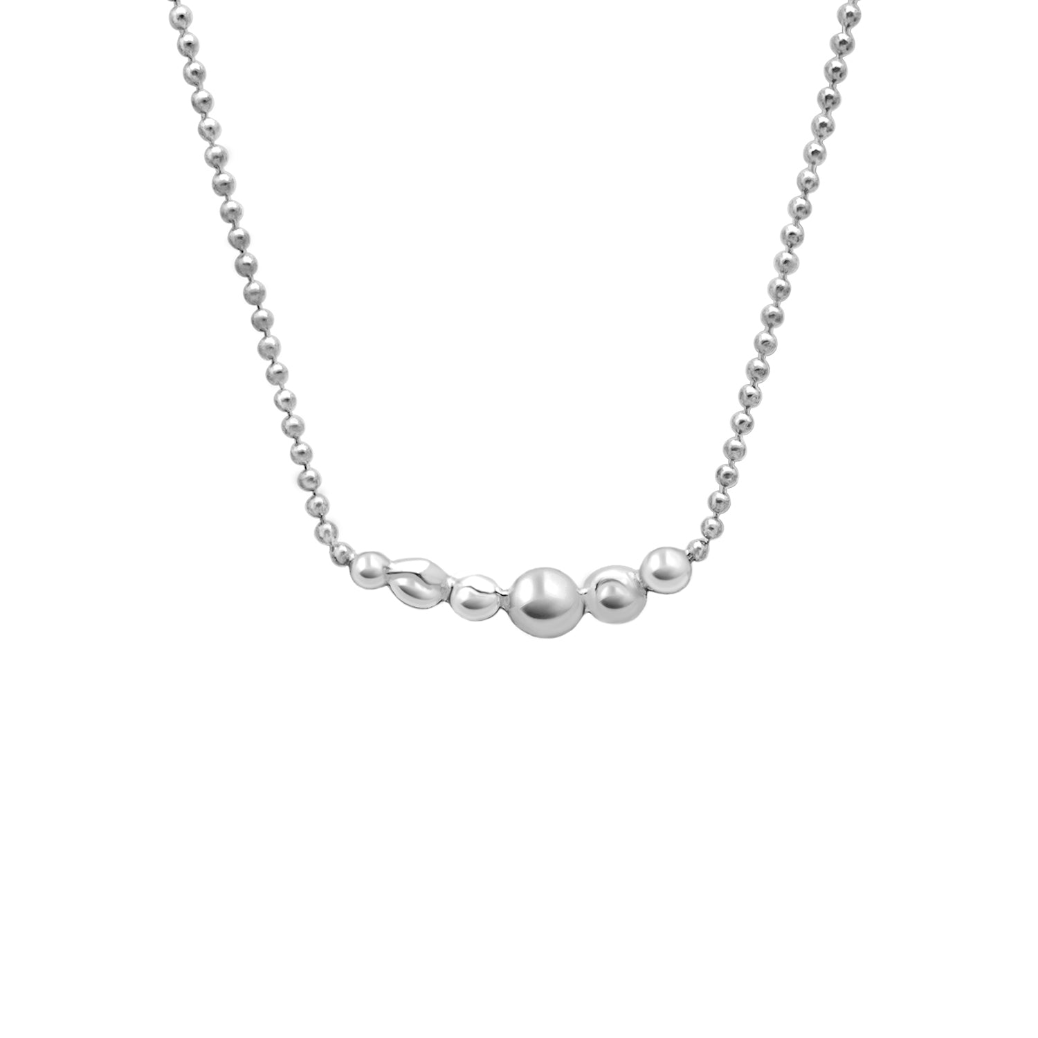 Silver necklace with small beads on a white background