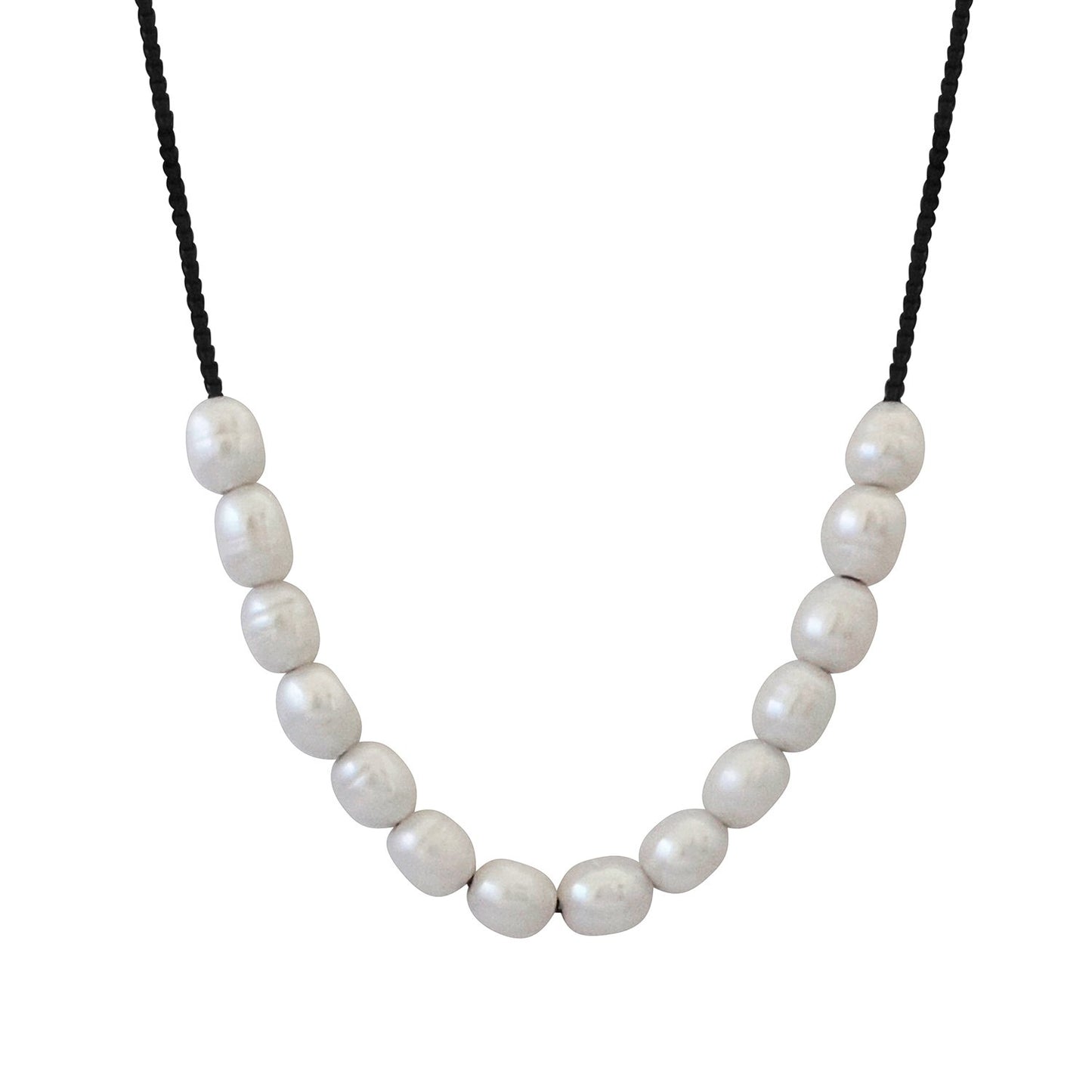 White freshwater pearl necklace on black box chain