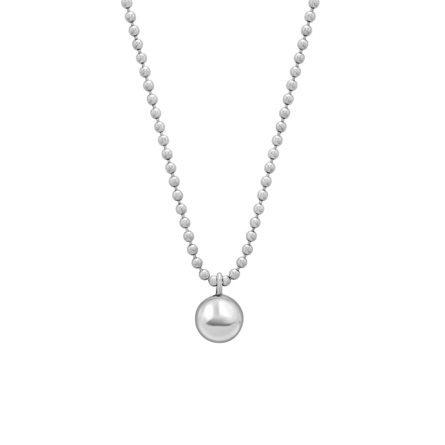 Necklace with small ball chain with a larger silver orb pendant on a white background