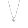 Necklace with small ball chain with a larger silver orb pendant on a white background
