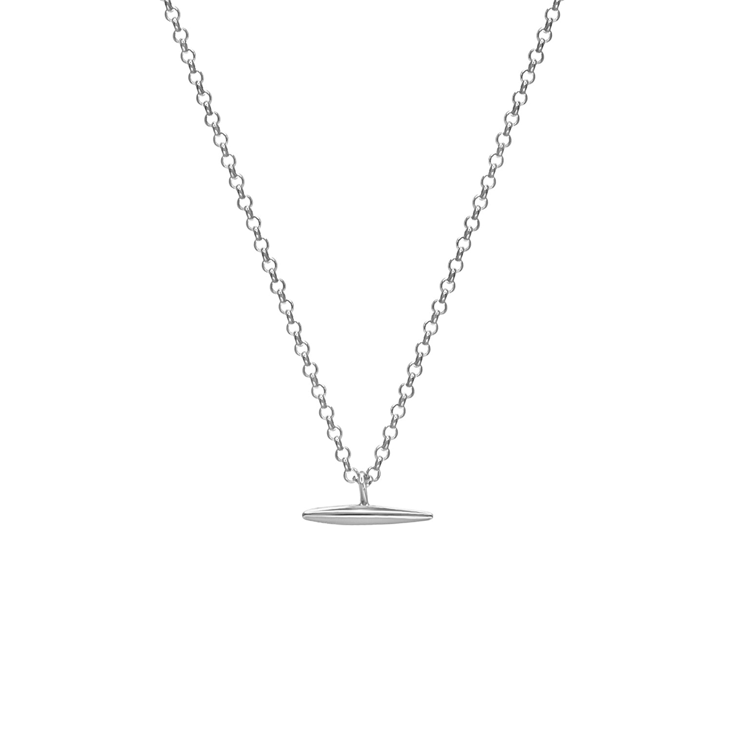 A silver bar necklace on a fine belcher chain with a tapered design, displayed against a white background.