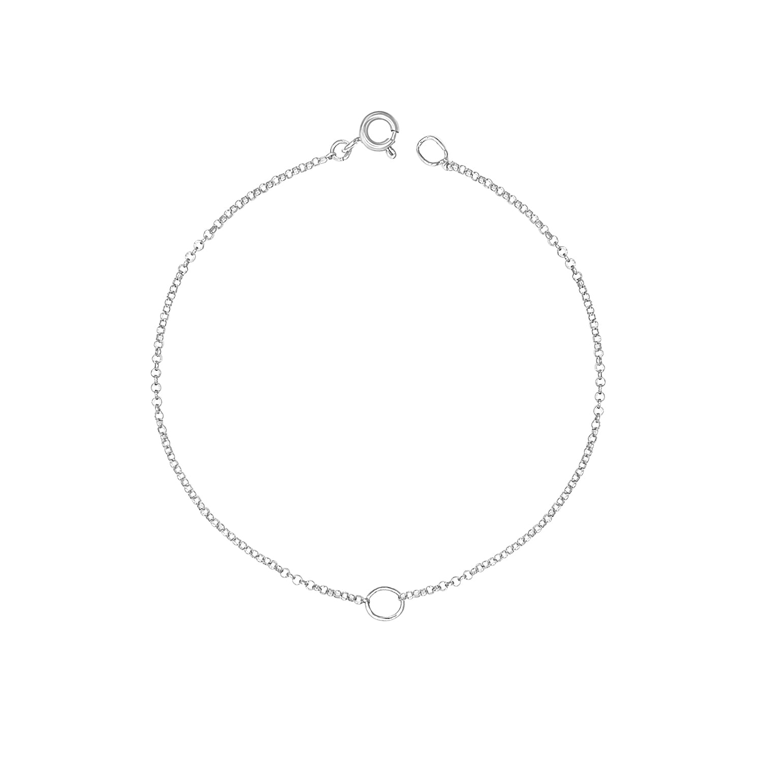 A sterling silver bracelet with a subtle everyday design, featuring a unique circular shape, consisting of a chain with two small circles connected by a link.