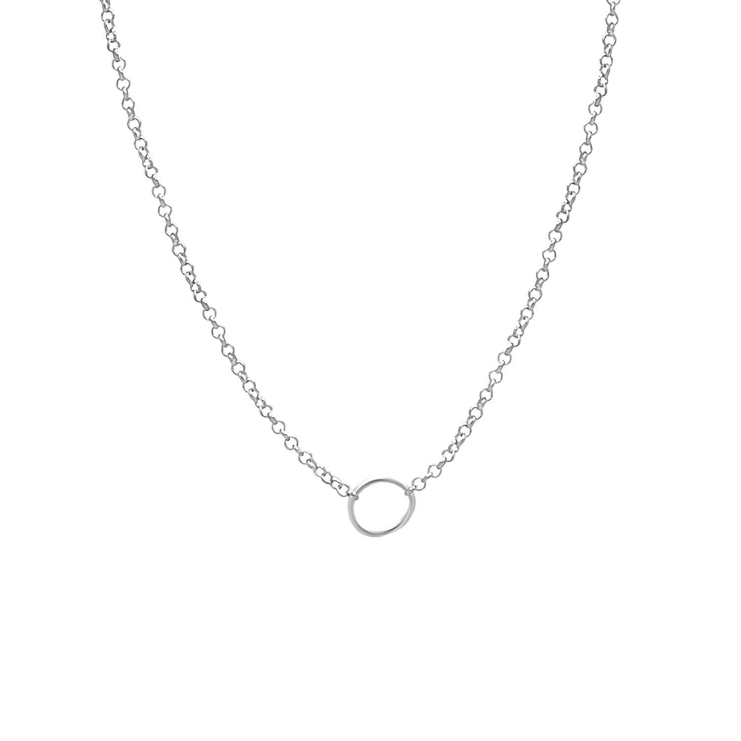 A simple sterling silver necklace with a small circle pendant on a belcher chain.