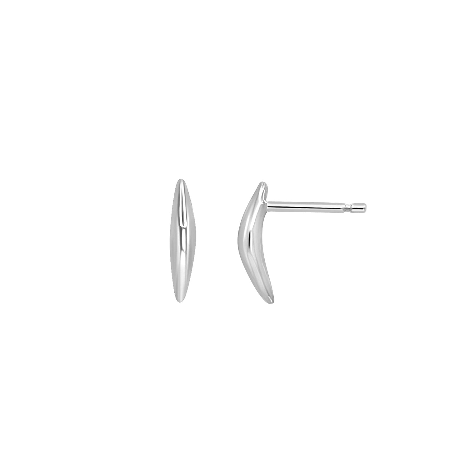 A pair of sterling silver curved spike stud earrings, designed to look like hoops from the front and studs from the side.