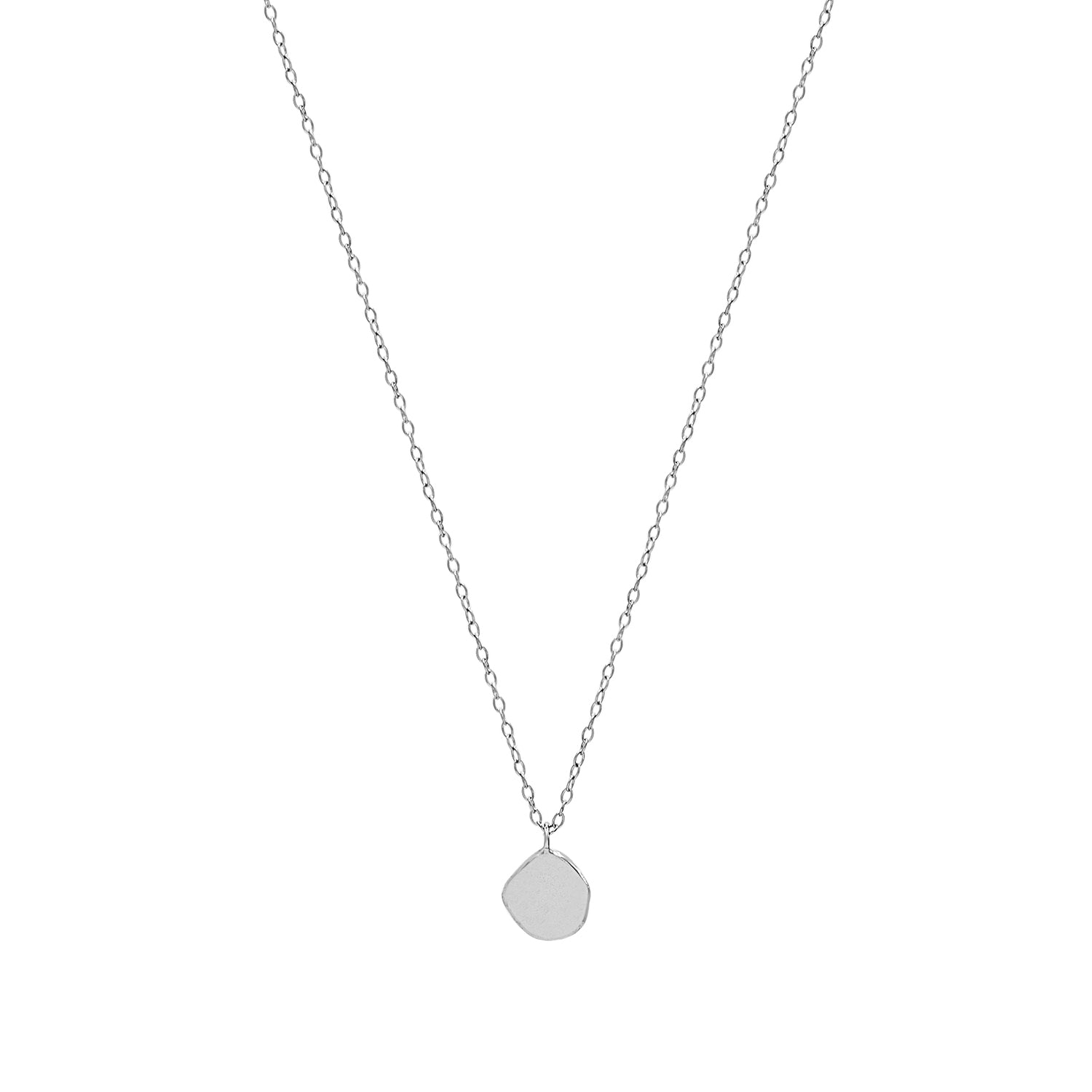 A silver pendant necklace with a flat, disc-shaped pendant, displayed against a white background.