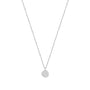 A silver pendant necklace with a flat, disc-shaped pendant, displayed against a white background.