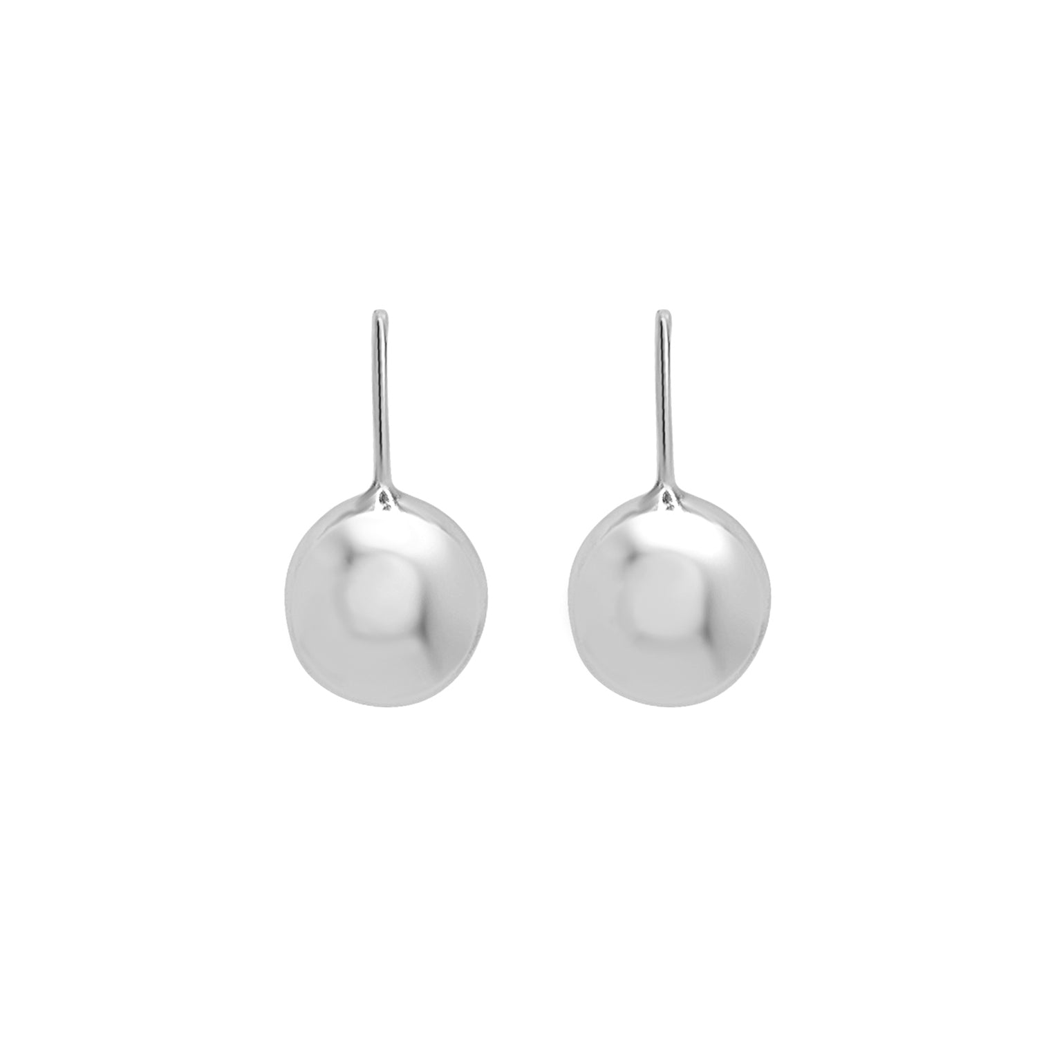A pair of silver, spherical orb earrings on a white background.