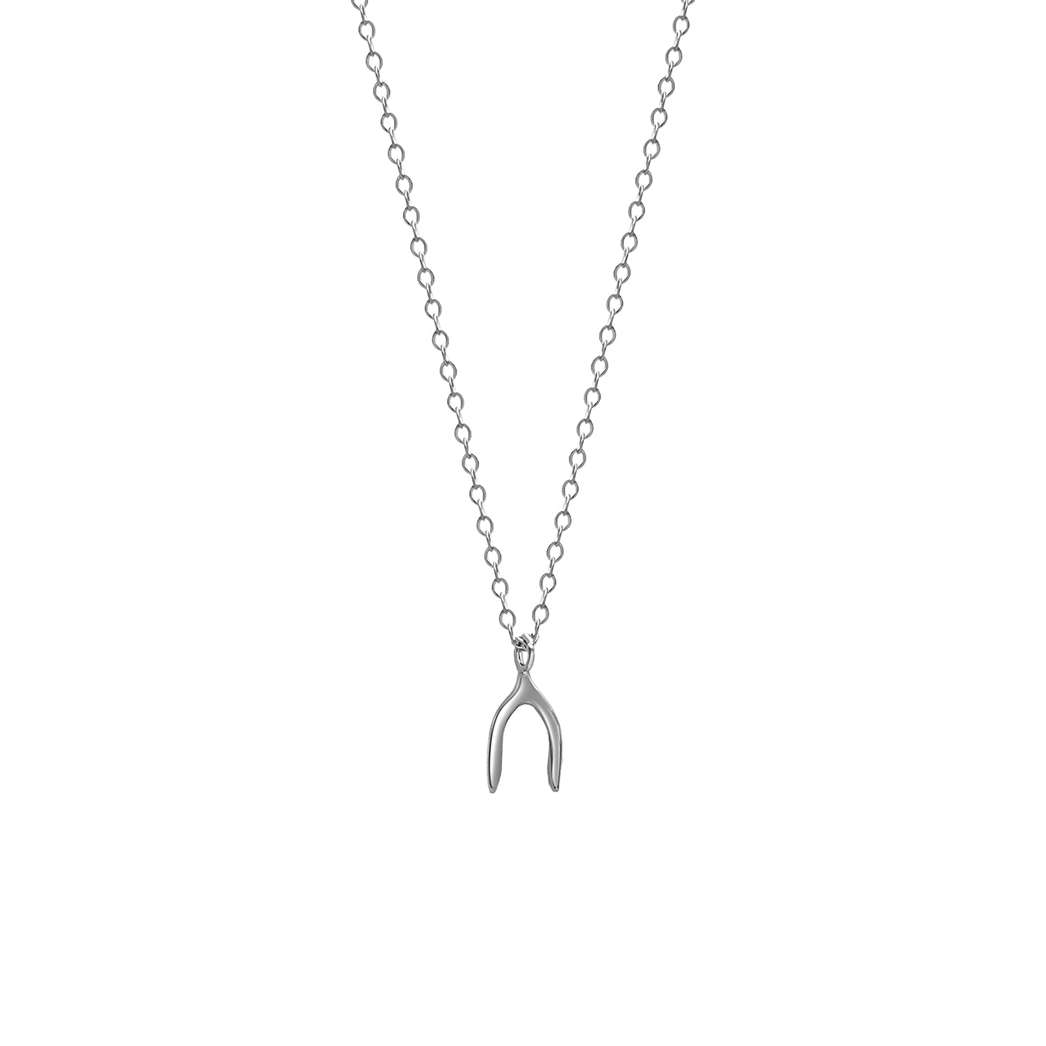 A sterling silver wishbone pendant necklace on a 1.3mm trace chain, displayed against a white background.