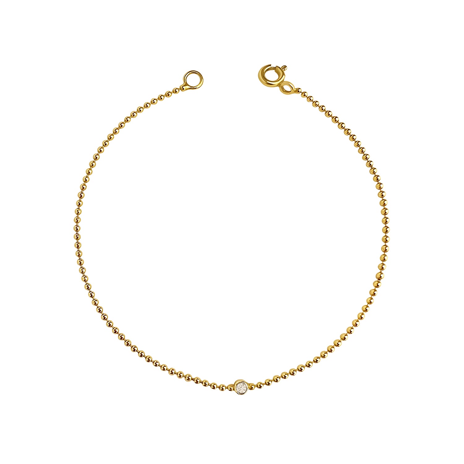 Gold vermeil ball chain  bracelet with a micro white lab diamond on a white background